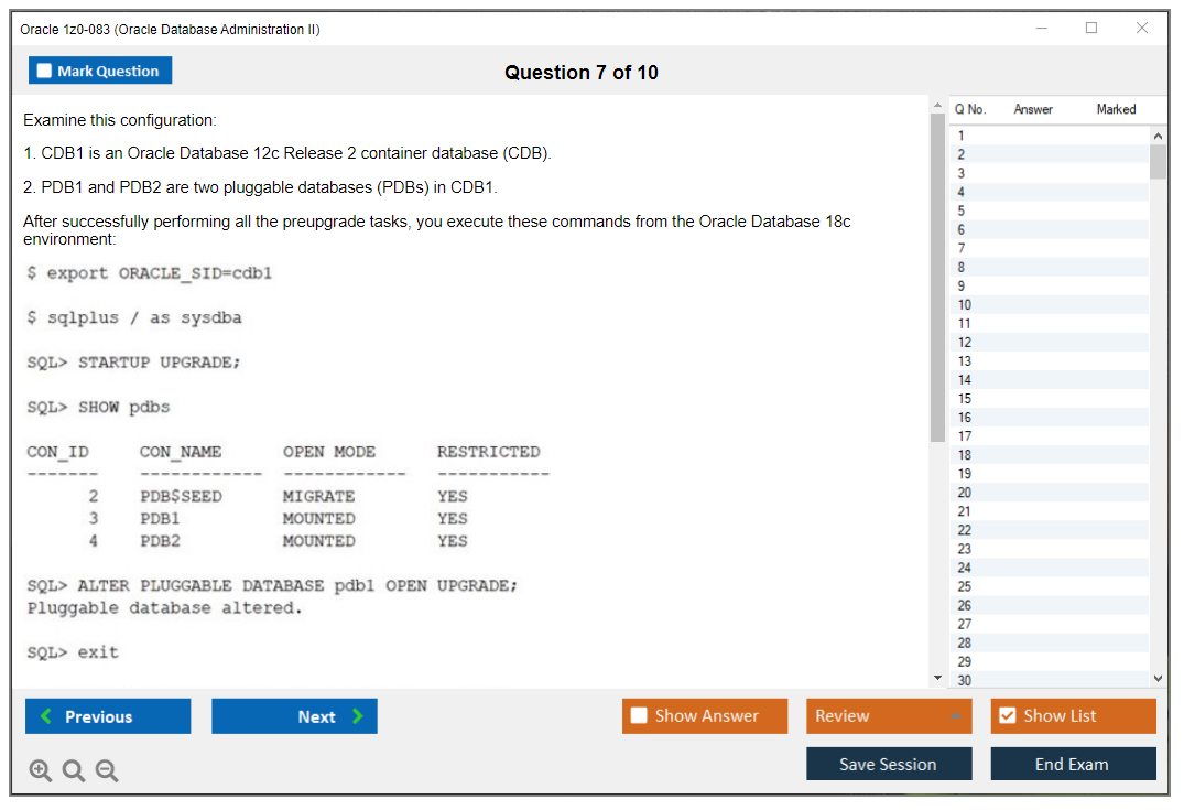 Oracle 1z0-083 (Oracle Database Administration II) Simulatore di esame Motore di test Dump degli esami 7