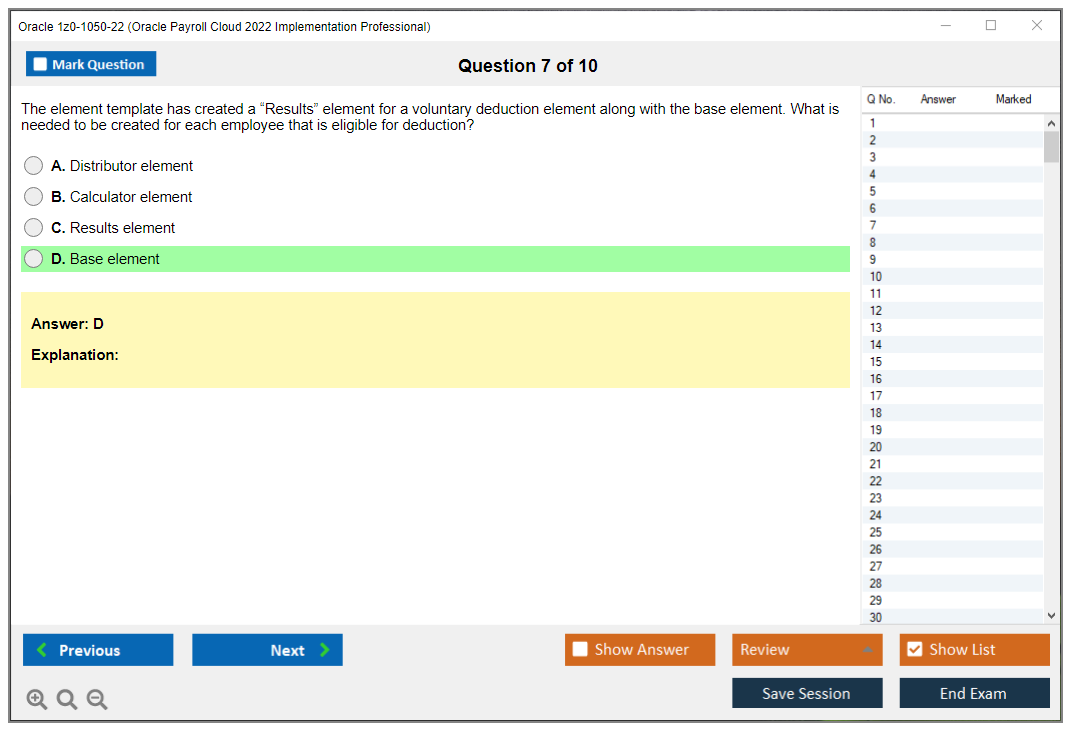 Oracle 1z0-1050-22 (Oracle Payroll Cloud 2022 Implementation Professional) Simulatore di esame Motore di test Dump degli esami 7