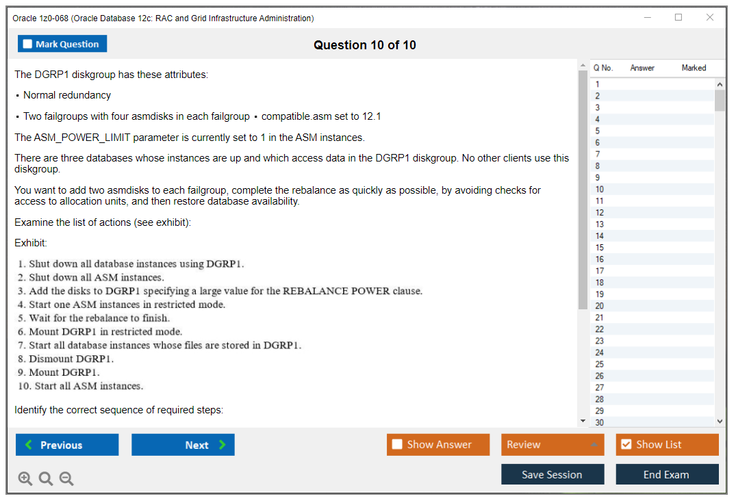 Oracle 1z0-068 (Oracle Database 12c: RAC and Grid Infrastructure Administration) Симулятор экзамена Тестовый движок Экзаменационные дампы 10