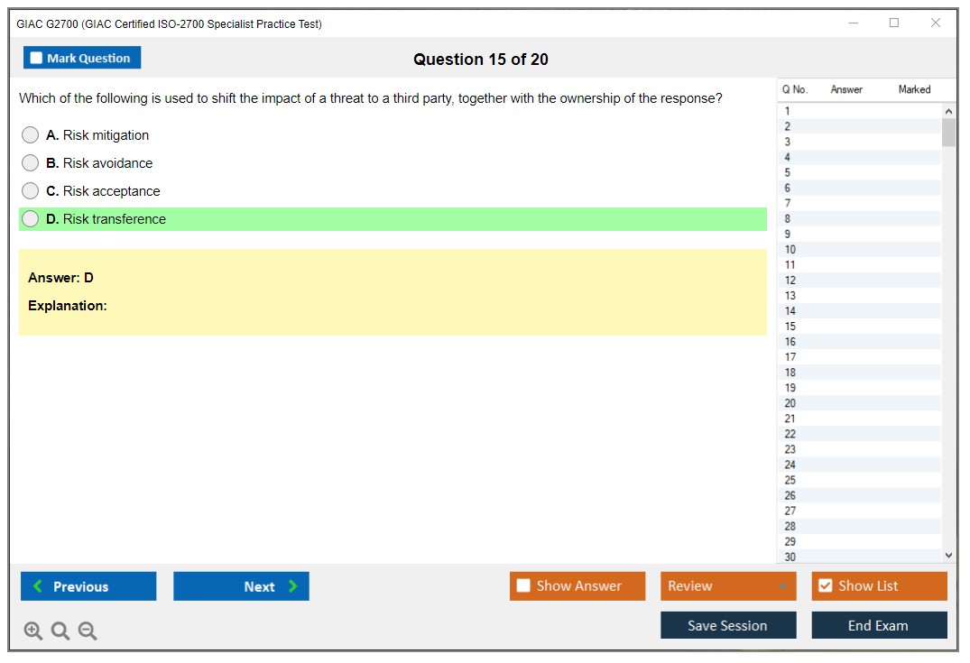 GIAC G2700 (GIAC Certified ISO-2700 Specialist Practice Test) Exam Simulator Test Engine Practice Exam 15