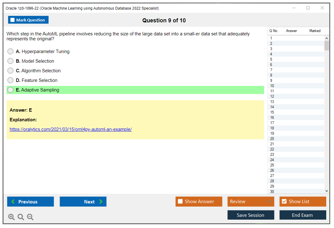 Oracle 1z0-1096-22 (Oracle Machine Learning using Autonomous Database 2022 Specialist) Simulador de examen Motor de pruebas Dumps de examen 9