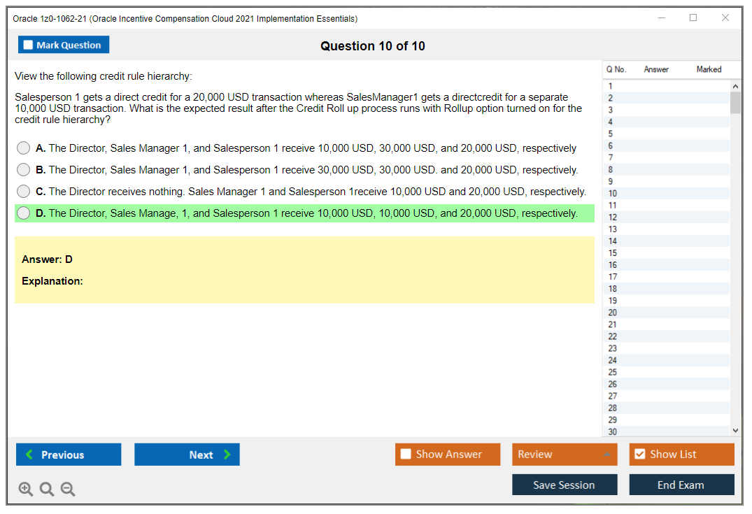 Oracle 1z0-1062-21 (Oracle Incentive Compensation Cloud 2021 Implementation Essentials) Simulatore di esame Motore di test Dump degli esami 10