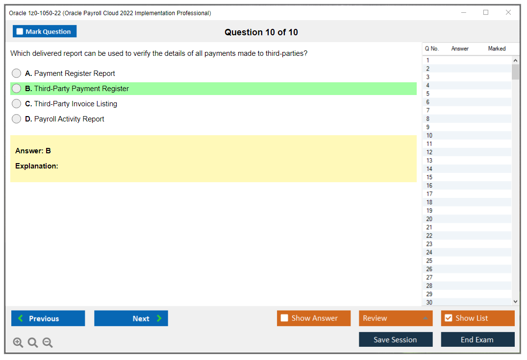 Oracle 1z0-1050-22 (Oracle Payroll Cloud 2022 Implementation Professional) Simulatore di esame Motore di test Dump degli esami 10