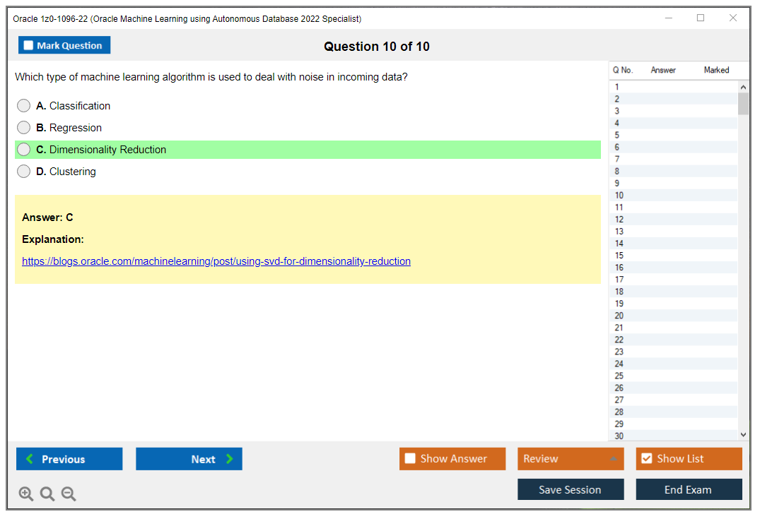 Oracle 1z0-1096-22 (Oracle Machine Learning using Autonomous Database 2022 Specialist) Simulador de examen Motor de pruebas Dumps de examen 10