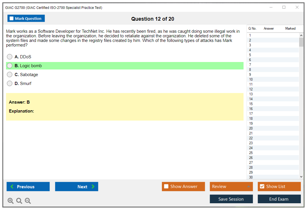 GIAC G2700 (GIAC Certified ISO-2700 Specialist Practice Test) Exam Simulator Test Engine Practice Exam 12