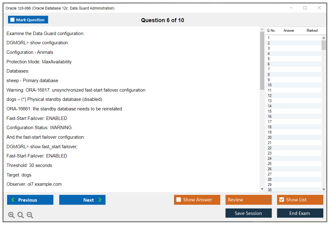 Oracle 1z0-066 (Oracle Database 12c: Data Guard Administration) Симулятор экзамена Тестовый движок Экзаменационные дампы 6