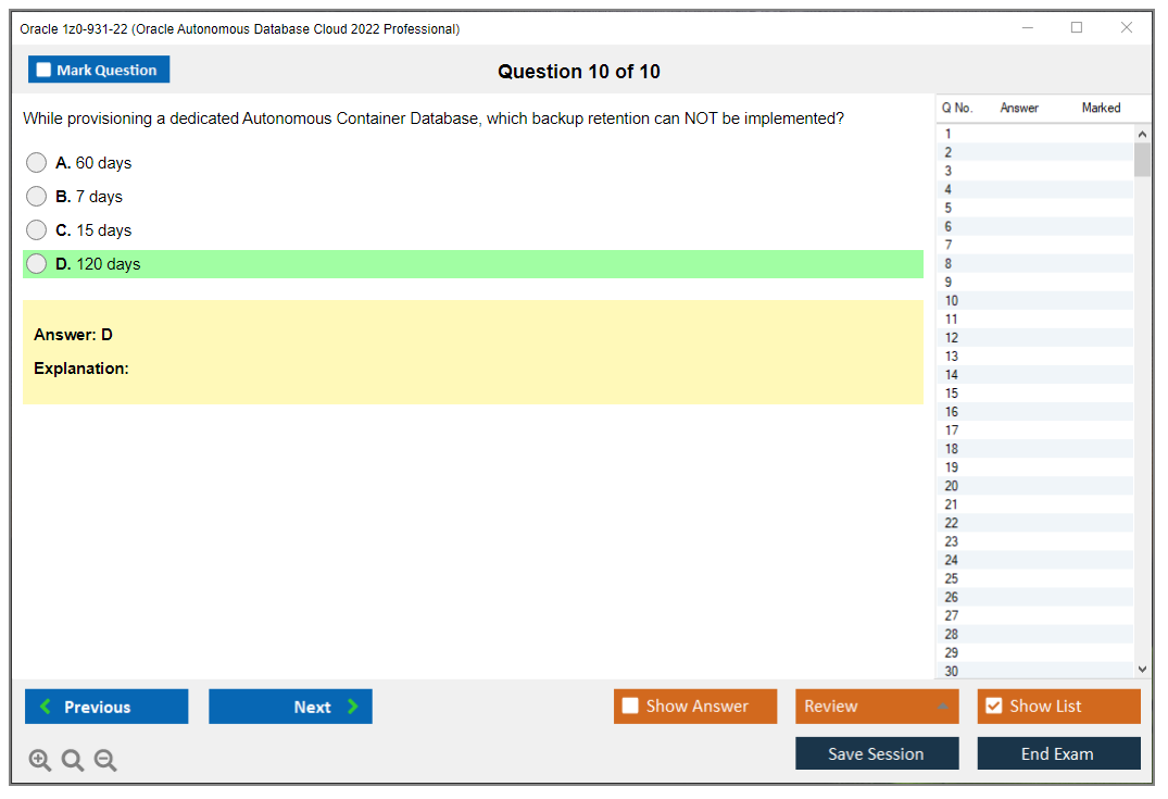 Oracle 1z0-931-22 (Oracle Autonomous Database Cloud 2022 Professional) Simulador de exame Motor de teste Dumps de exame 10