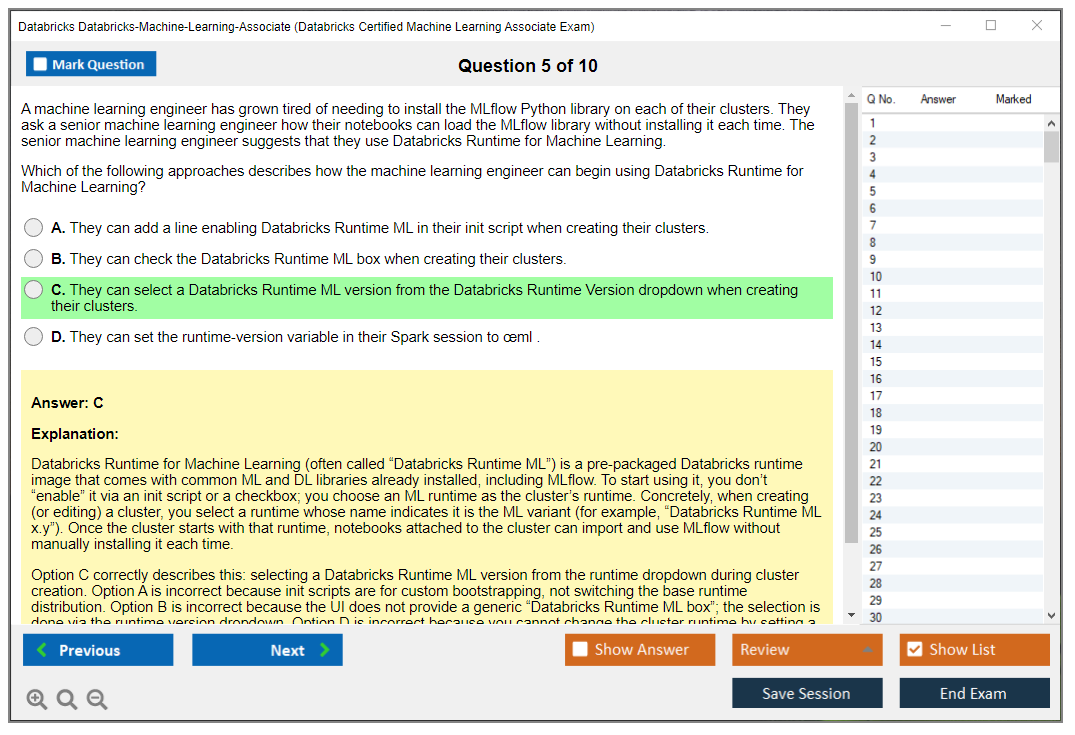 Databricks Databricks-Machine-Learning-Associate (Databricks Certified Machine Learning Associate Exam) Exam Simulator Test Engine Practice Exam 5