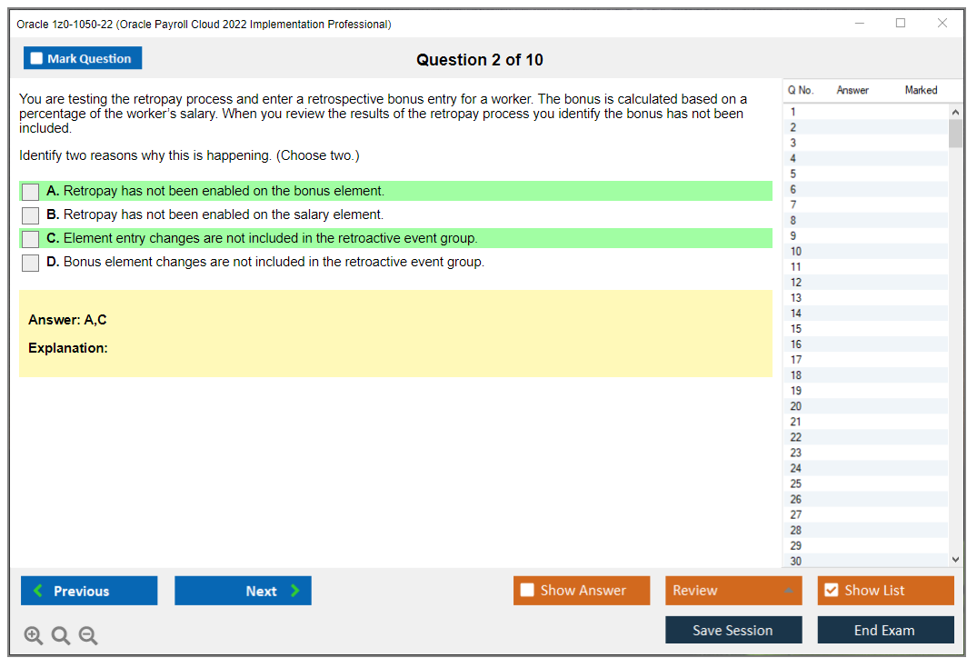 Oracle 1z0-1050-22 (Oracle Payroll Cloud 2022 Implementation Professional) Simulatore di esame Motore di test Dump degli esami 2