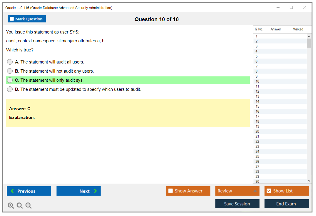 Oracle 1z0-116 (Oracle Database Security Administration) Simulateur d'examen Moteur de test Dumps d'examen 10