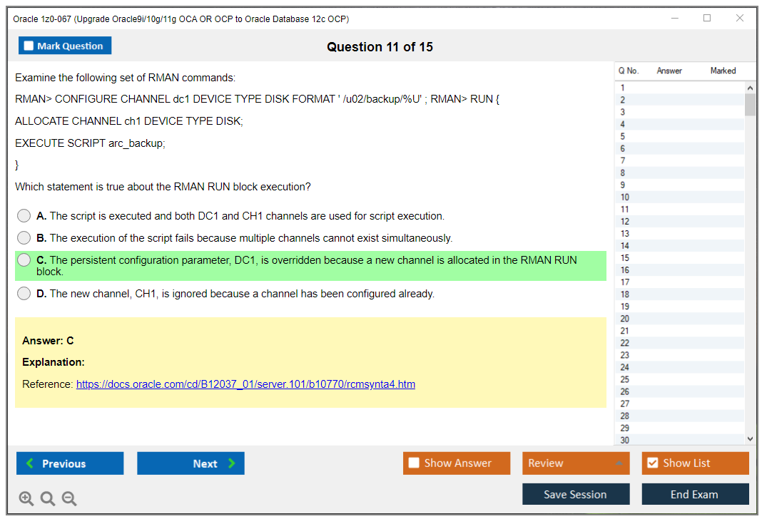 Oracle 1z0-067 (Upgrade Oracle9i/10g/11g OCA OR OCP to Oracle Database 12c OCP) Симулятор экзамена Тестовый движок Экзаменационные дампы 11
