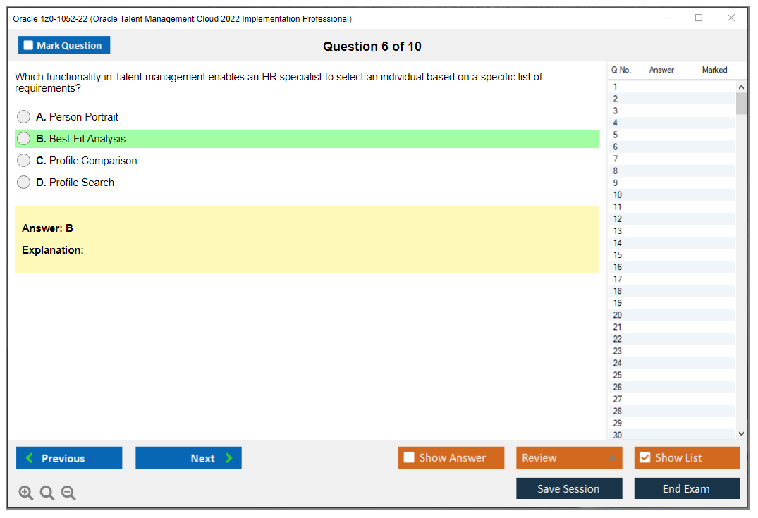Oracle 1z0-1052-22 (Oracle Talent Management Cloud 2022 Implementation Professional) Simulatore di esame Motore di test Dump degli esami 6