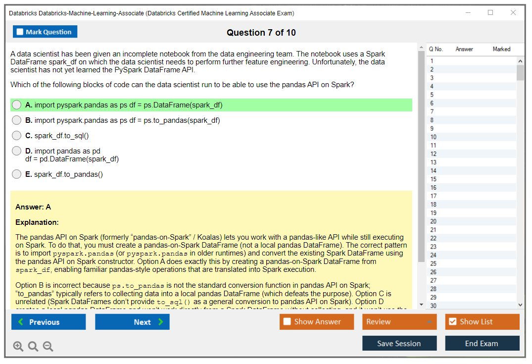 Databricks Databricks-Machine-Learning-Associate (Databricks Certified Machine Learning Associate Exam) Exam Simulator Test Engine Practice Exam 7