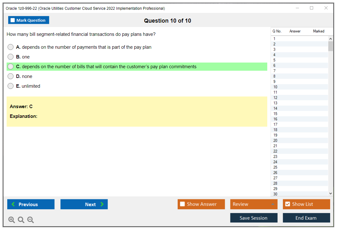Oracle 1z0-996-22 (Oracle Utilities Customer Cloud Service 2022 Implementation Professional) Simulatore di esame Motore di test Dump degli esami 10