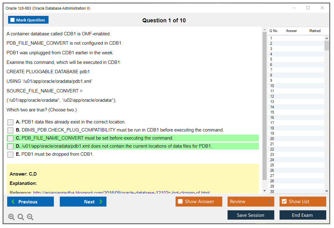 Oracle 1z0-083 (Oracle Database Administration II) Simulatore di esame Motore di test Dump degli esami 1