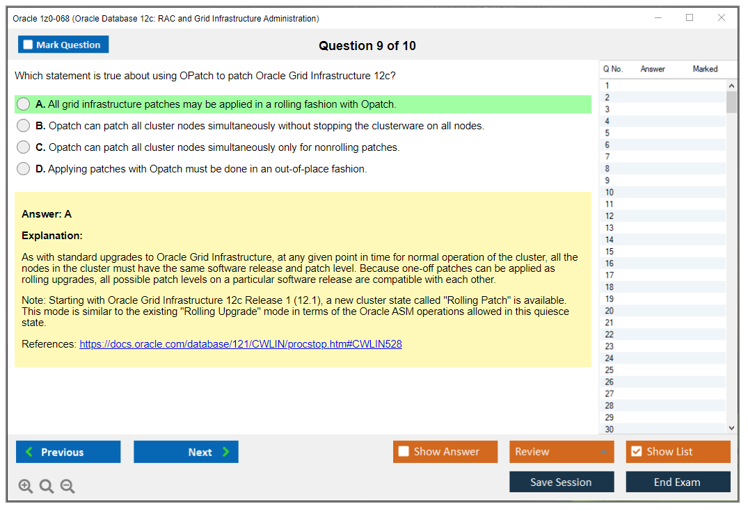 Oracle 1z0-068 (Oracle Database 12c: RAC and Grid Infrastructure Administration) Симулятор экзамена Тестовый движок Экзаменационные дампы 9