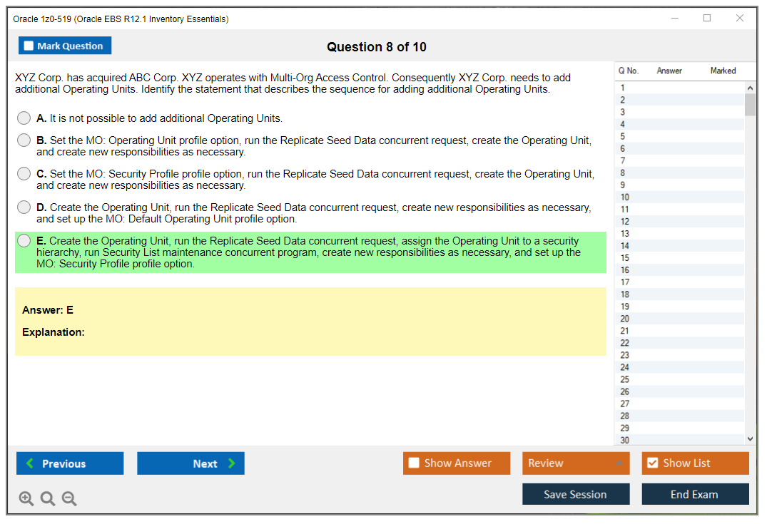Oracle 1z0-519 (Oracle EBS R12.1 Inventory Essentials) Simulador de examen Motor de pruebas Dumps de examen 8