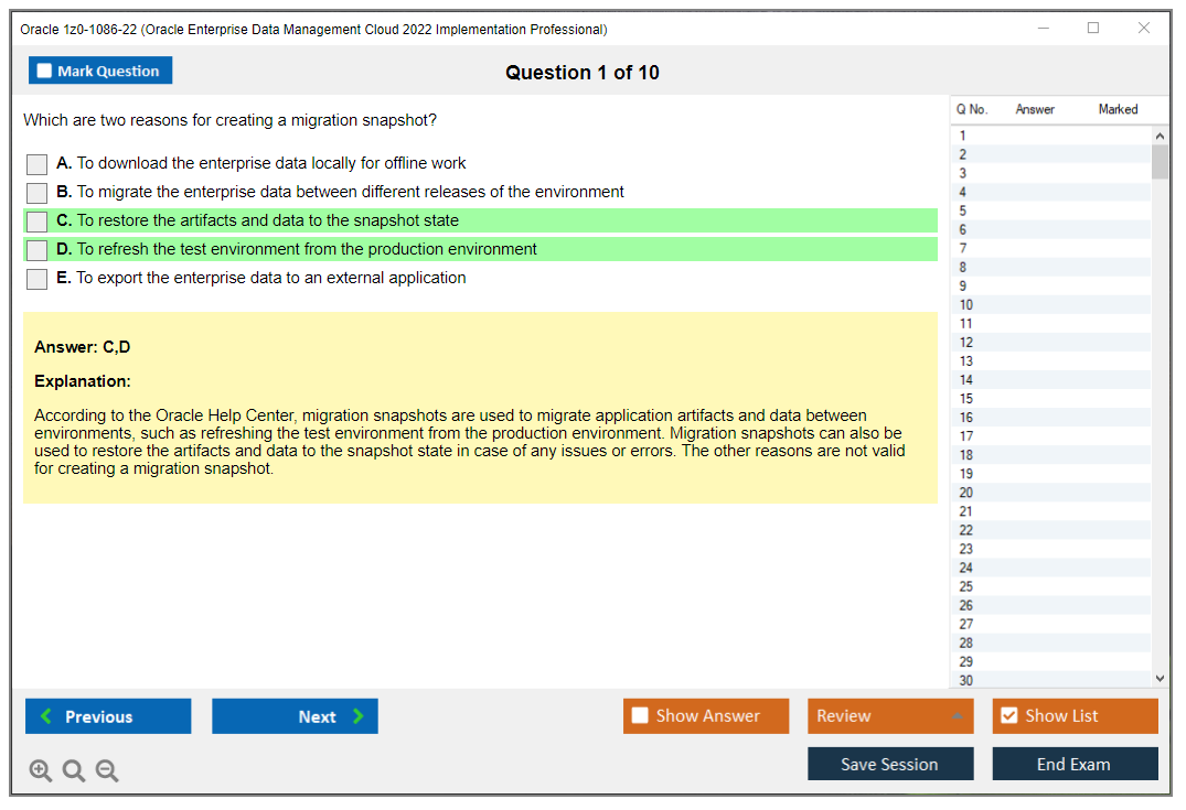 Oracle 1z0-1086-22 (Oracle Enterprise Data Management Cloud 2022 Implementation Professional) Simulador de exame Motor de teste Dumps de exame 1