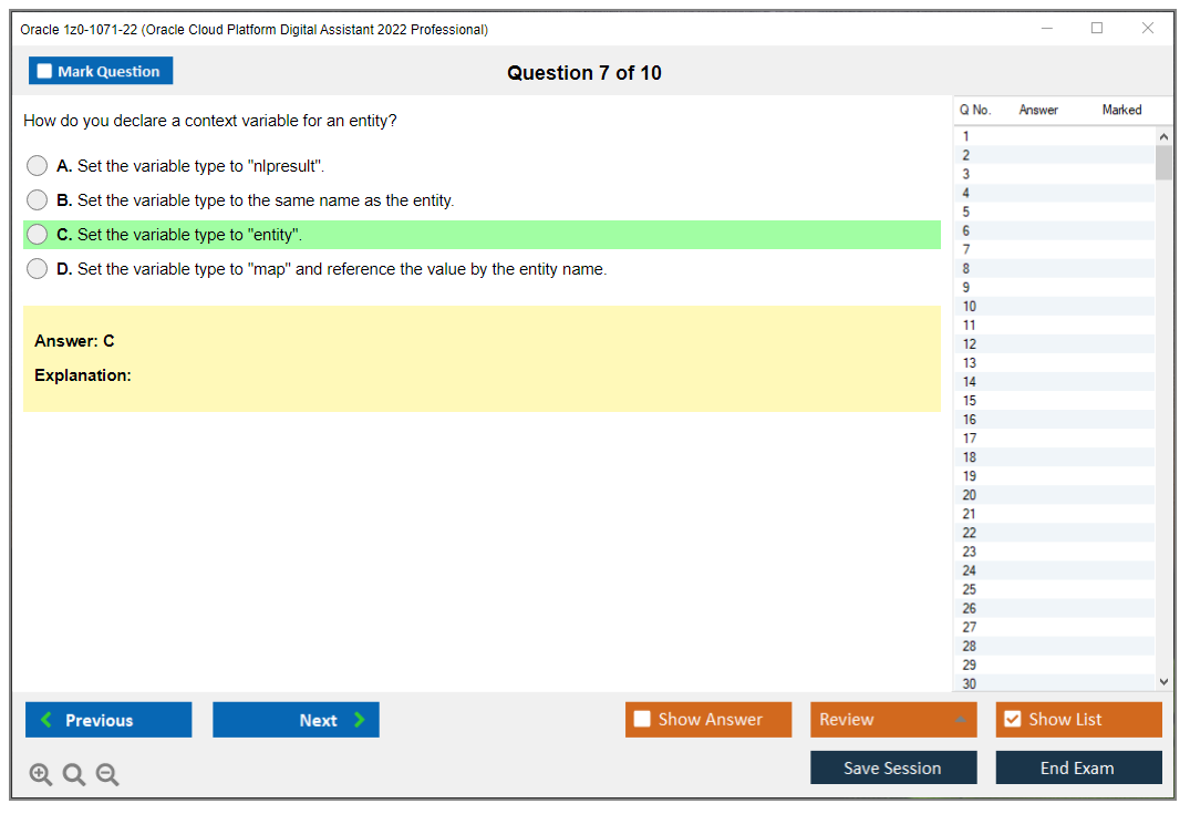 Oracle 1z0-1071-22 (Oracle Cloud Platform Digital Assistant 2022 Professional) Prüfungs-Simulator Test Engine Prüfungs-Dumps 7