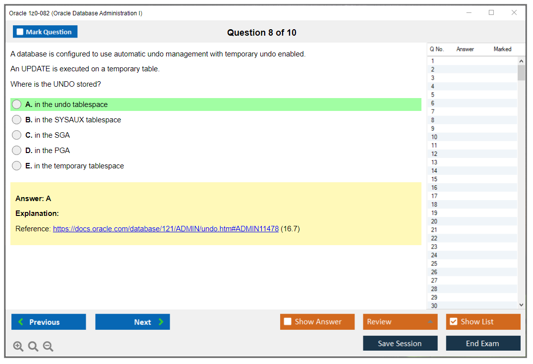 Oracle 1z0-082 (Oracle Database Administration I) Prüfungs-Simulator Test Engine Prüfungs-Dumps 8