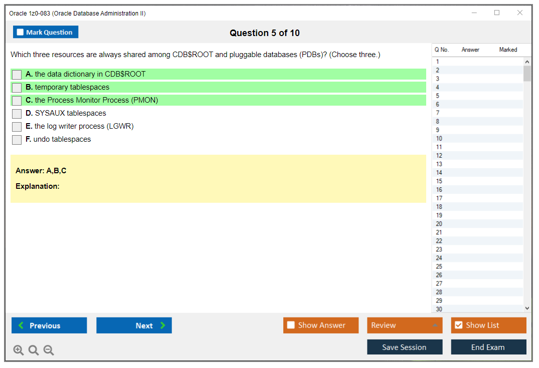 Oracle 1z0-083 (Oracle Database Administration II) Simulatore di esame Motore di test Dump degli esami 5