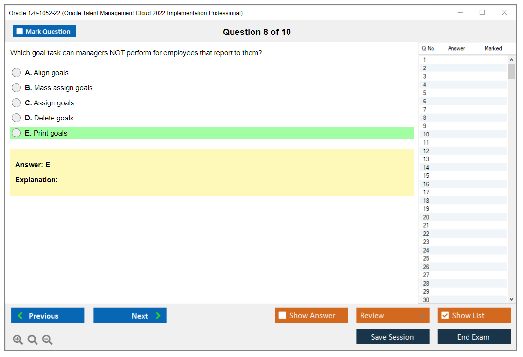 Oracle 1z0-1052-22 (Oracle Talent Management Cloud 2022 Implementation Professional) Simulatore di esame Motore di test Dump degli esami 8