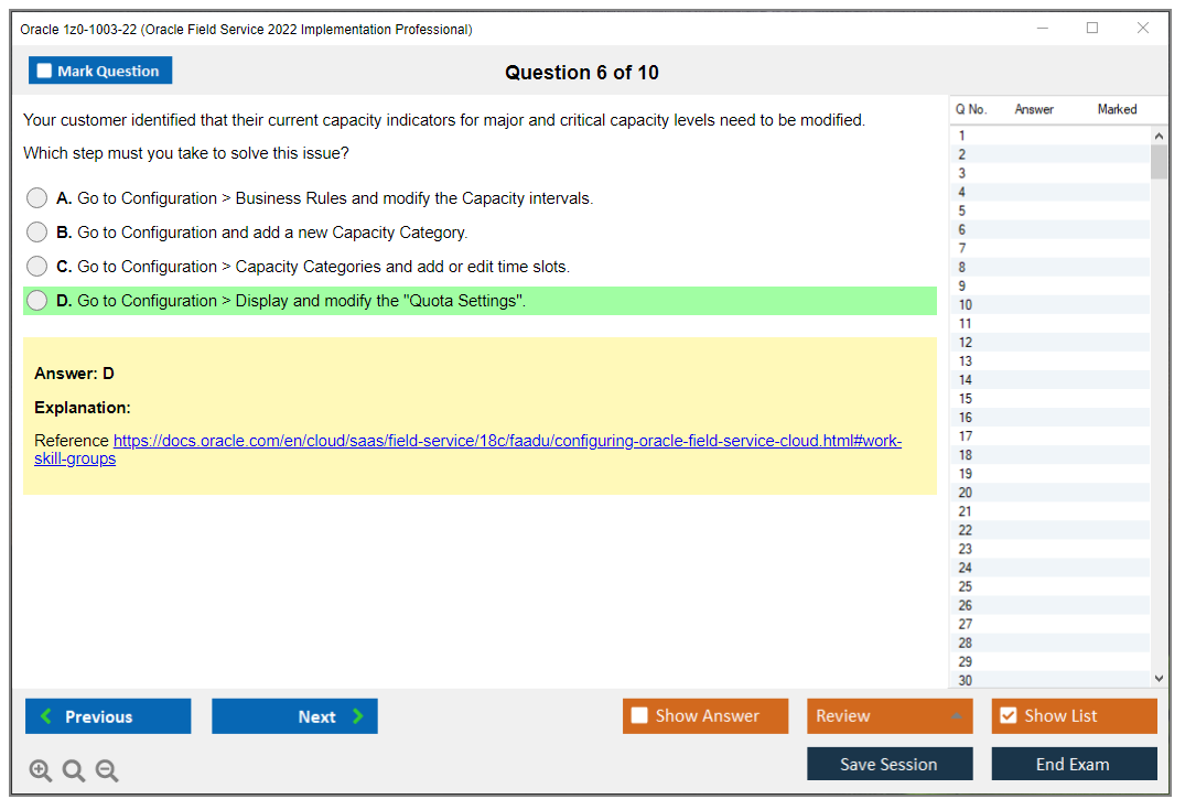 Oracle 1z0-1003-22 (Oracle Field Service 2022 Implementation Professional) Exam Simulator Test Engine Practice Exam 6