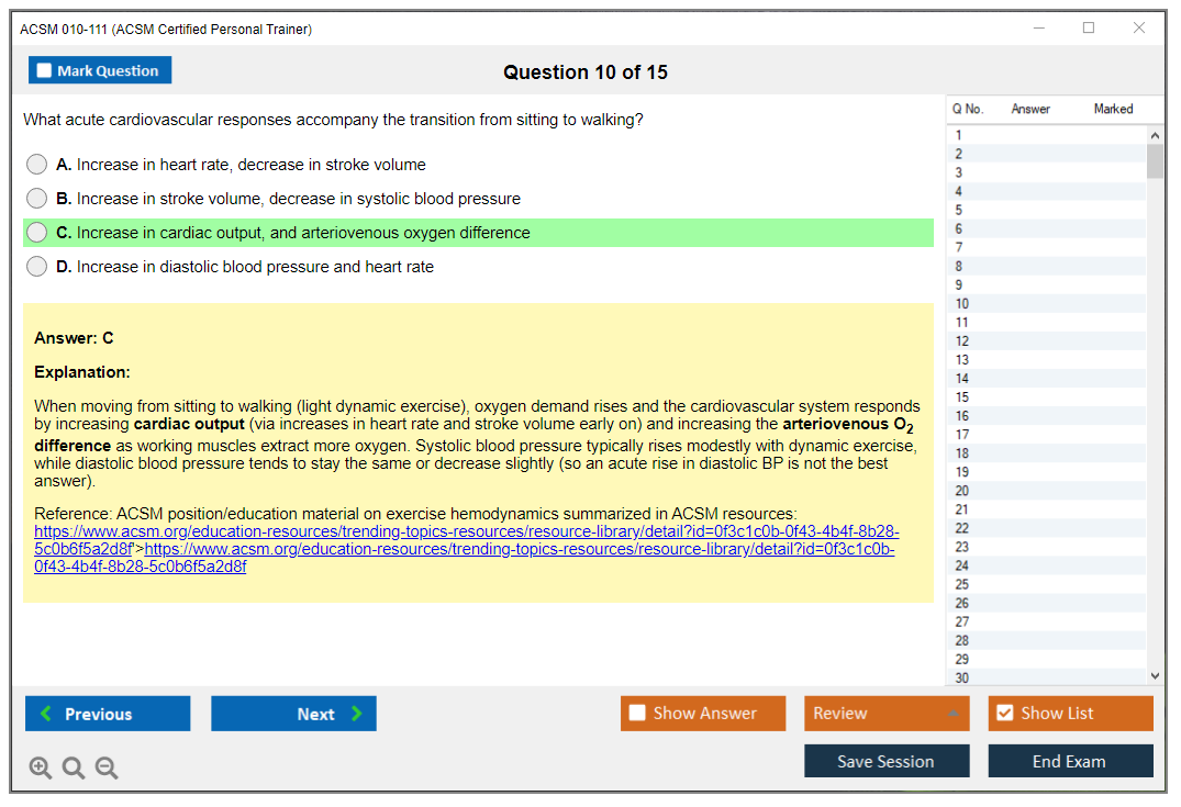 ACSM 010-111 (ACSM Certified Personal Trainer) Simulateur d'examen Moteur de test Dumps d'examen 10