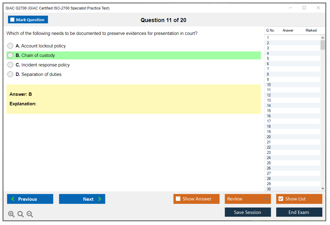 GIAC G2700 (GIAC Certified ISO-2700 Specialist Practice Test) Exam Simulator Test Engine Practice Exam 11