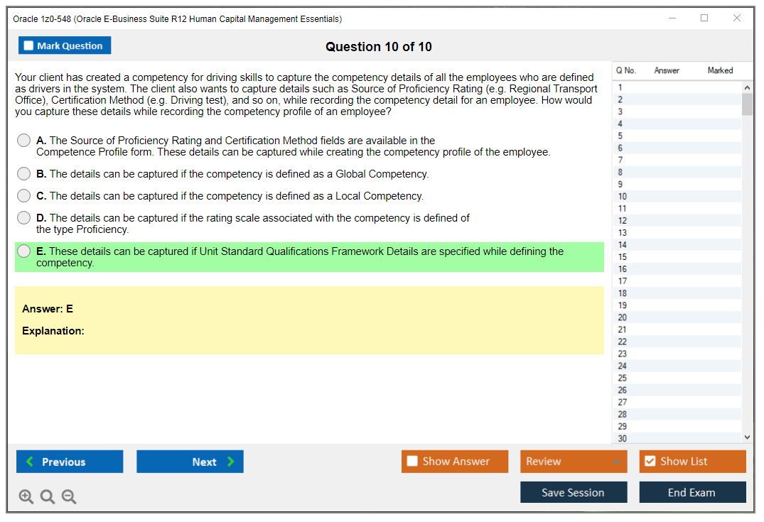 Oracle 1z0-548 (Oracle E-Business Suite R12 Human Capital Management Essentials) Simulateur d'examen Moteur de test Dumps d'examen 10