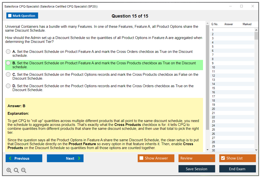 Salesforce CPQ-Specialist (Salesforce Certified CPQ Specialist) Симулятор экзамена Тестовый движок Экзаменационные дампы 15