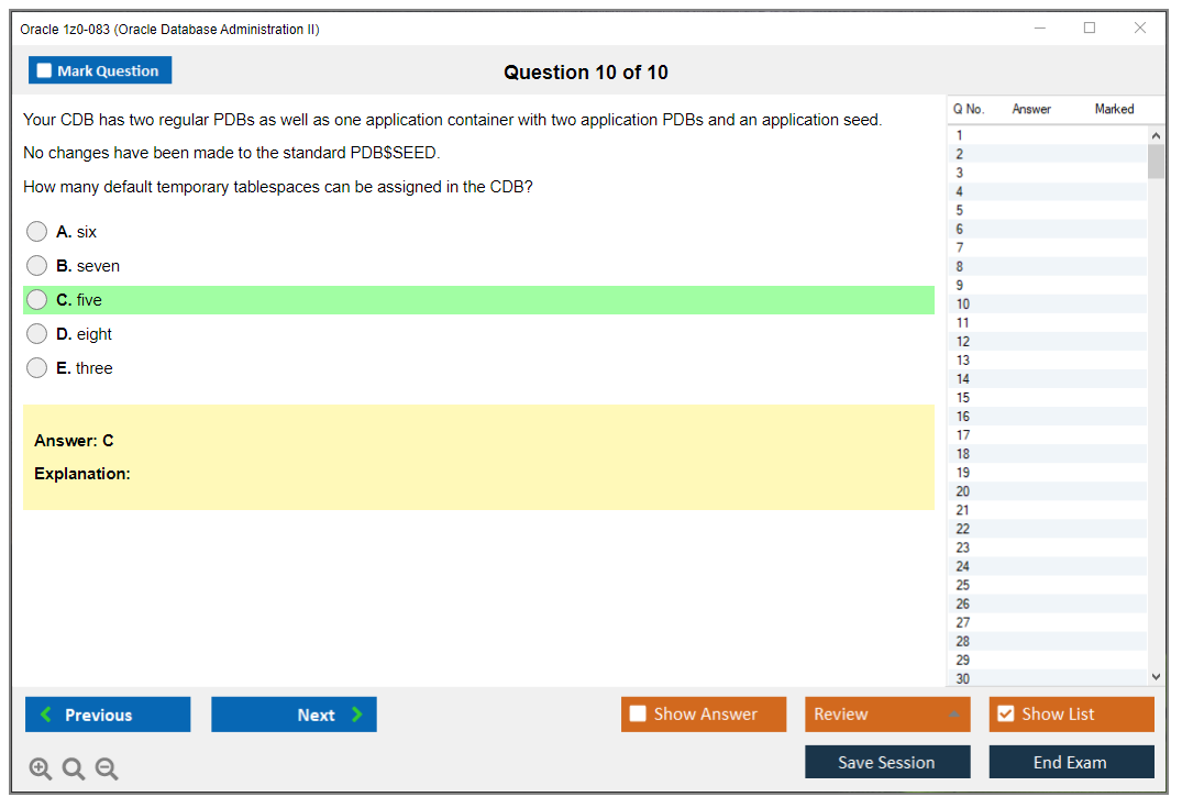 Oracle 1z0-083 (Oracle Database Administration II) Simulatore di esame Motore di test Dump degli esami 10