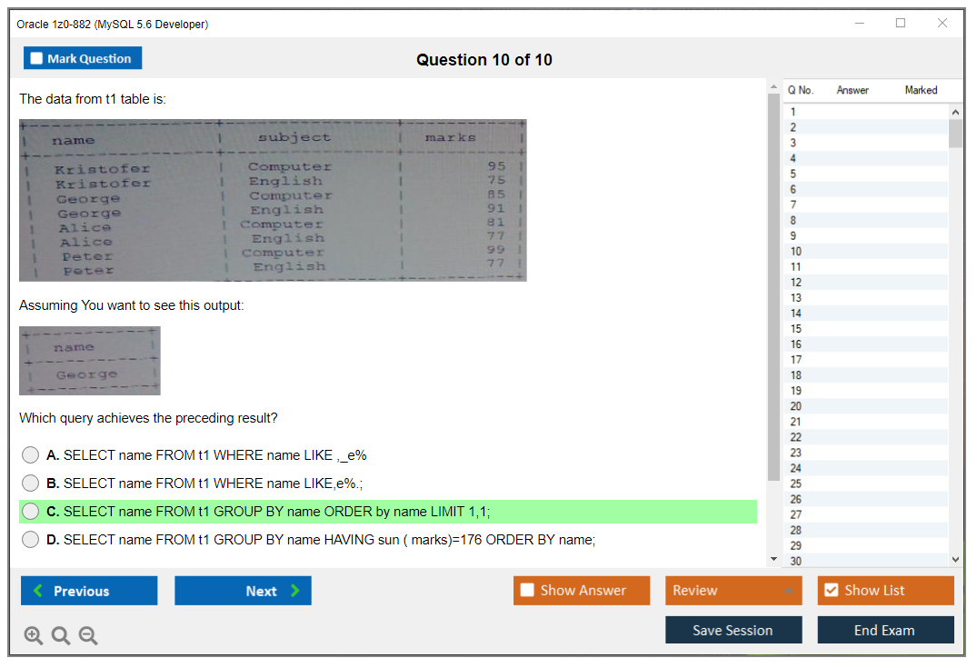 Oracle 1z0-882 (MySQL 5.6 Developer) Exam Simulator Test Engine Practice Exam 10
