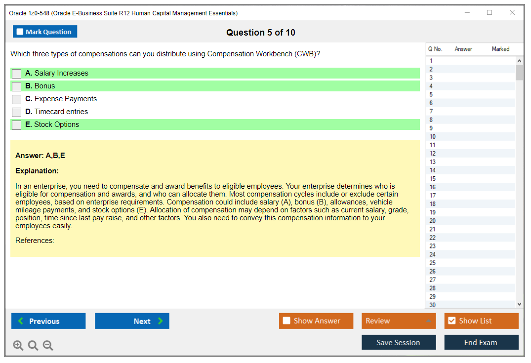 Oracle 1z0-548 (Oracle E-Business Suite R12 Human Capital Management Essentials) Simulateur d'examen Moteur de test Dumps d'examen 5
