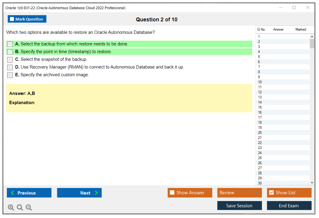 Oracle 1z0-931-22 (Oracle Autonomous Database Cloud 2022 Professional) Simulador de exame Motor de teste Dumps de exame 2