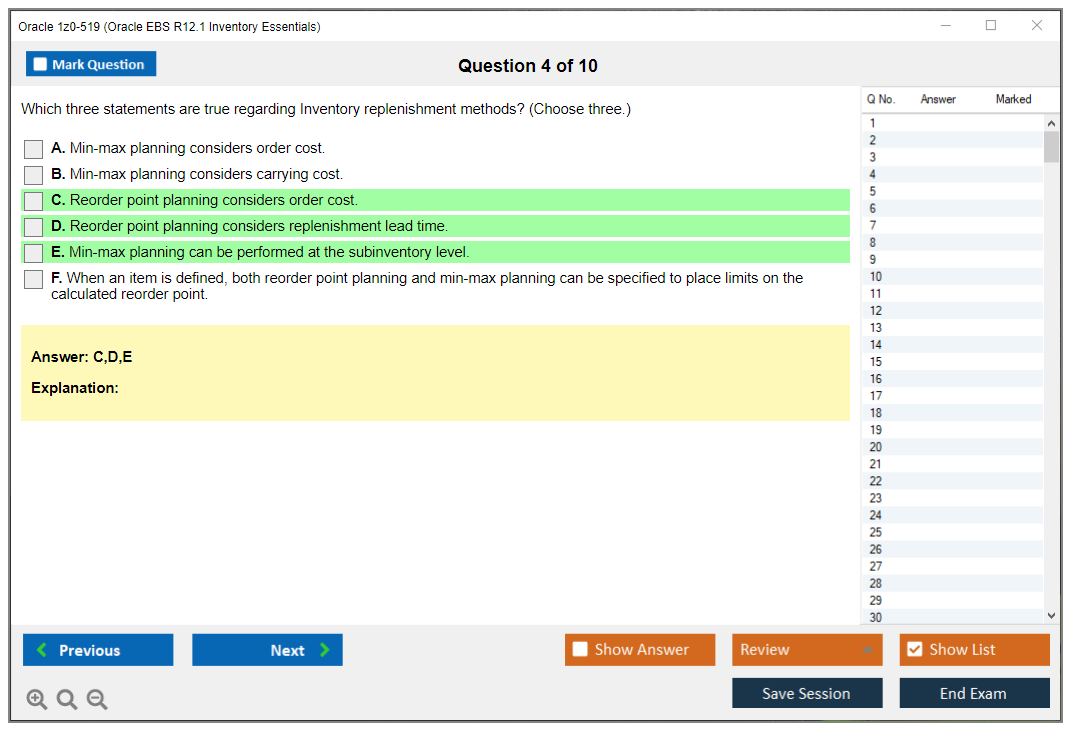 Oracle 1z0-519 (Oracle EBS R12.1 Inventory Essentials) Simulador de examen Motor de pruebas Dumps de examen 4