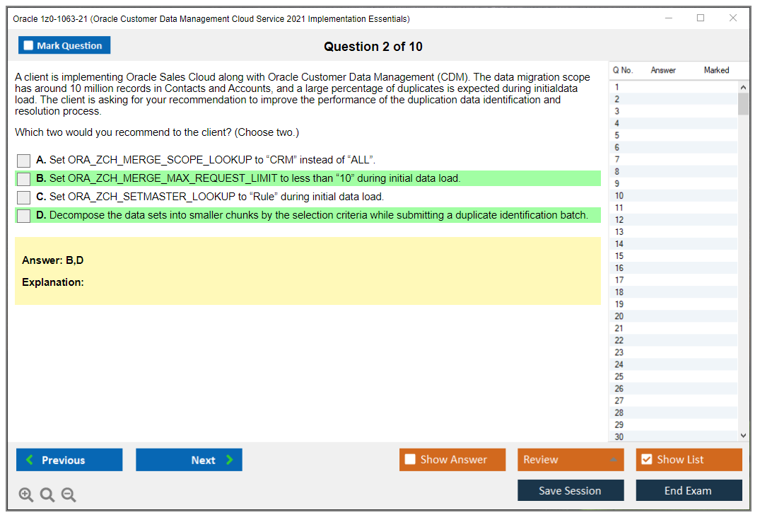 Oracle 1z0-1063-21 (Oracle Customer Data Management Cloud Service 2021 Implementation Essentials) Simulatore di esame Motore di test Dump degli esami 2
