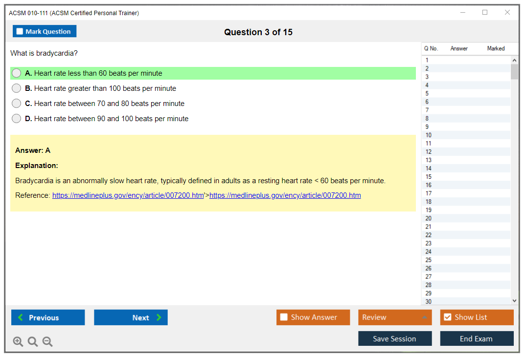 ACSM 010-111 (ACSM Certified Personal Trainer) Simulateur d'examen Moteur de test Dumps d'examen 3