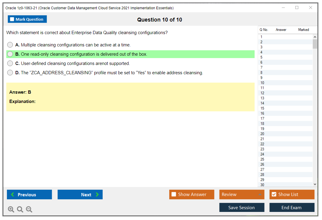 Oracle 1z0-1063-21 (Oracle Customer Data Management Cloud Service 2021 Implementation Essentials) Simulatore di esame Motore di test Dump degli esami 10