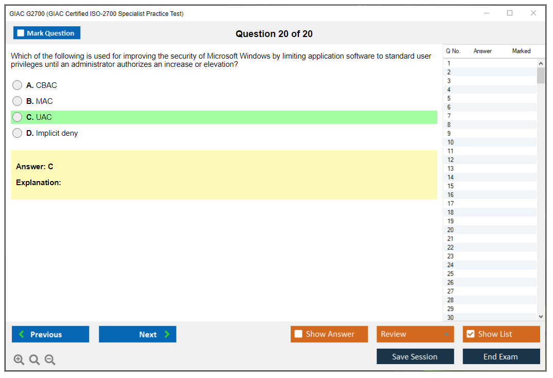 GIAC G2700 (GIAC Certified ISO-2700 Specialist Practice Test) Exam Simulator Test Engine Practice Exam 20
