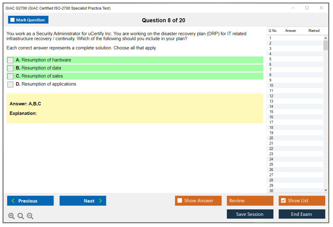 GIAC G2700 (GIAC Certified ISO-2700 Specialist Practice Test) Exam Simulator Test Engine Practice Exam 8