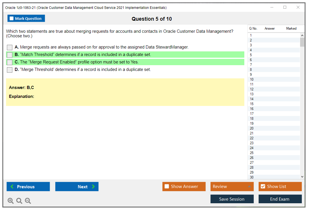 Oracle 1z0-1063-21 (Oracle Customer Data Management Cloud Service 2021 Implementation Essentials) Simulatore di esame Motore di test Dump degli esami 5