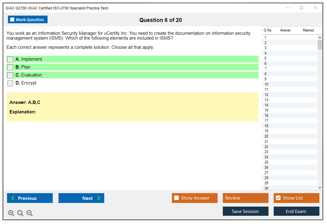 GIAC G2700 (GIAC Certified ISO-2700 Specialist Practice Test) Exam Simulator Test Engine Practice Exam 6