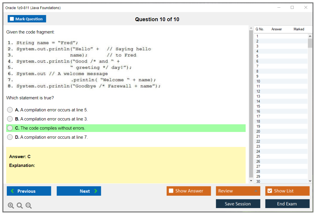 Oracle 1z0-811 (Java Foundations) Simulateur d'examen Moteur de test Dumps d'examen 10