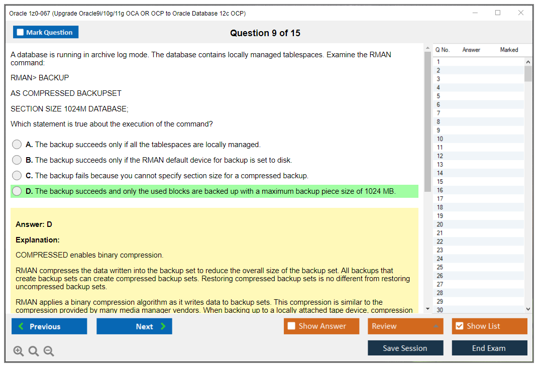 Oracle 1z0-067 (Upgrade Oracle9i/10g/11g OCA OR OCP to Oracle Database 12c OCP) Симулятор экзамена Тестовый движок Экзаменационные дампы 9