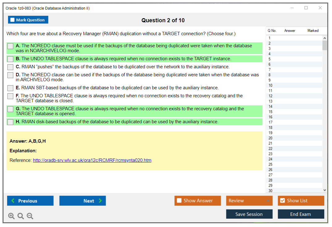 Oracle 1z0-083 (Oracle Database Administration II) Simulatore di esame Motore di test Dump degli esami 2