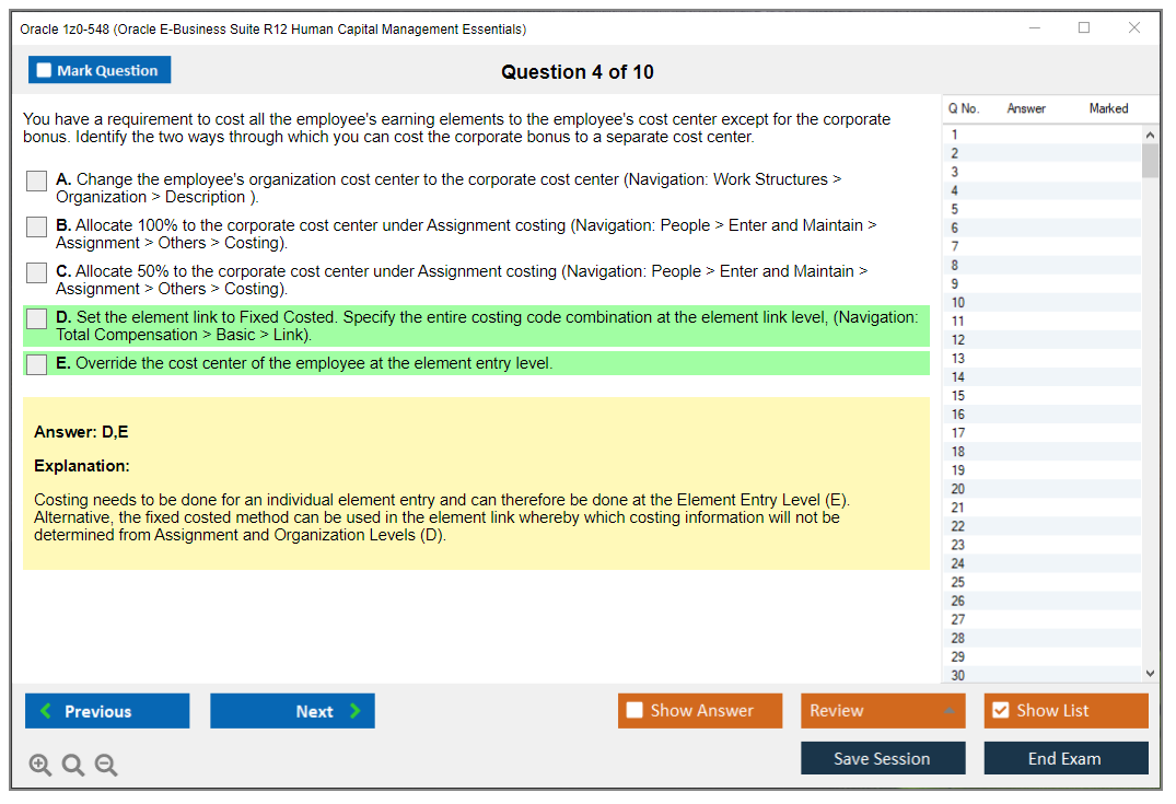 Oracle 1z0-548 (Oracle E-Business Suite R12 Human Capital Management Essentials) Simulateur d'examen Moteur de test Dumps d'examen 4