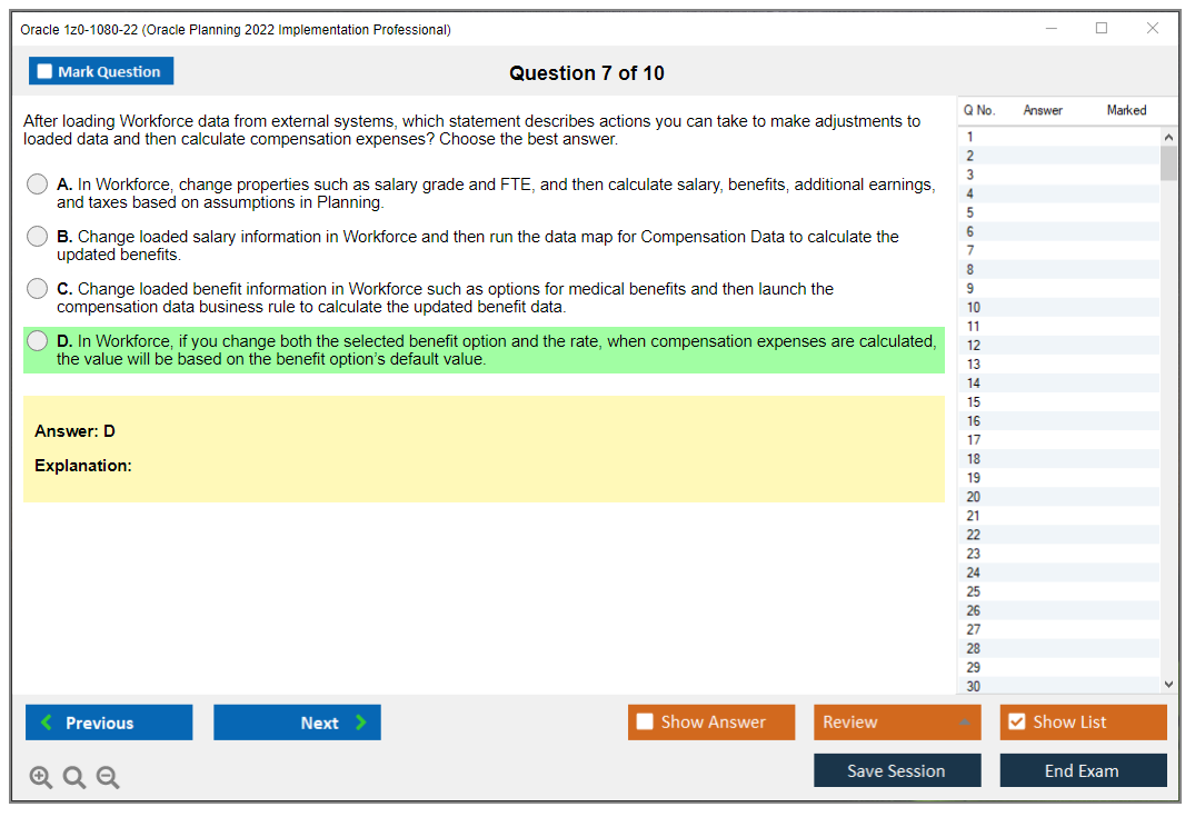 Oracle 1z0-1080-22 (Oracle Planning 2022 Implementation Professional) Simulatore di esame Motore di test Dump degli esami 7