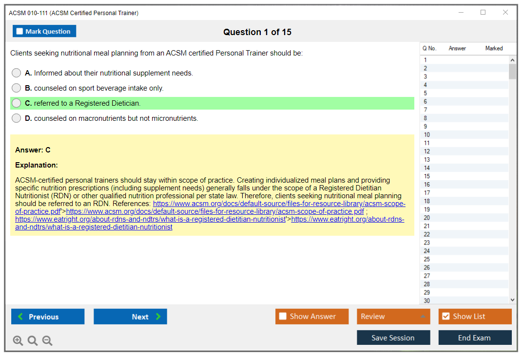 ACSM 010-111 (ACSM Certified Personal Trainer) Simulateur d'examen Moteur de test Dumps d'examen 1