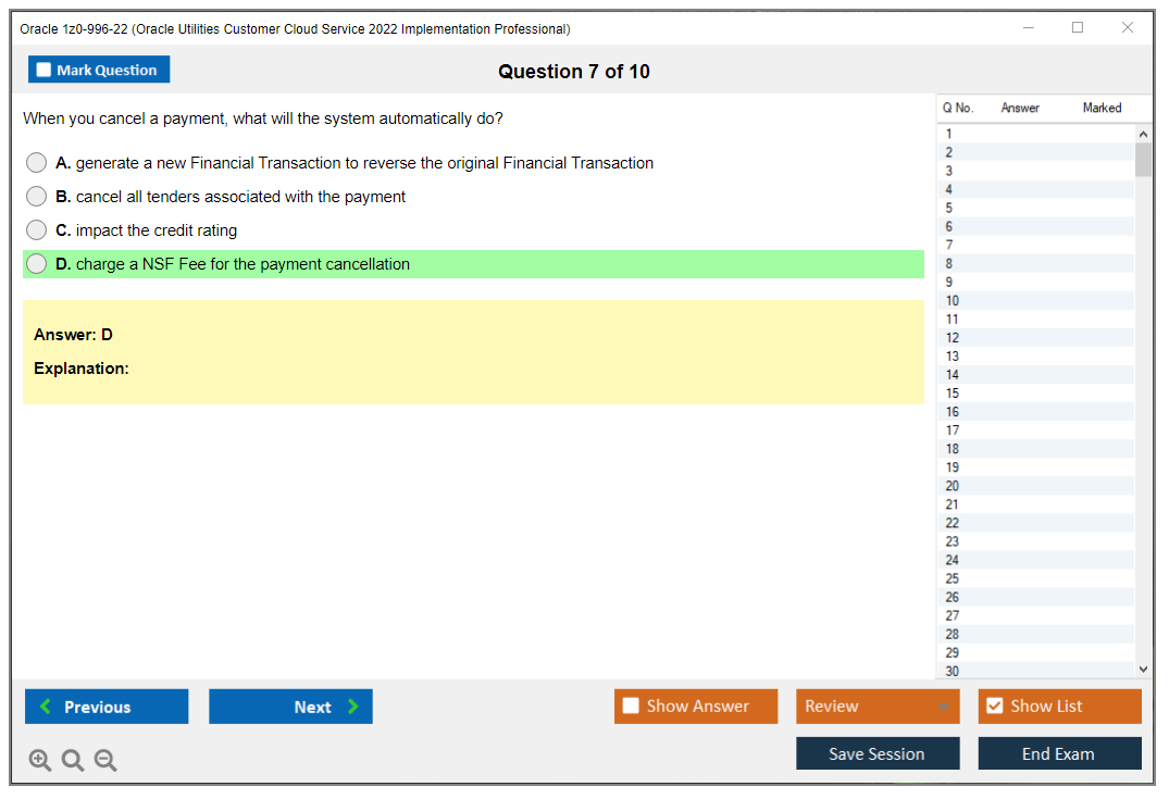 Oracle 1z0-996-22 (Oracle Utilities Customer Cloud Service 2022 Implementation Professional) Simulatore di esame Motore di test Dump degli esami 7